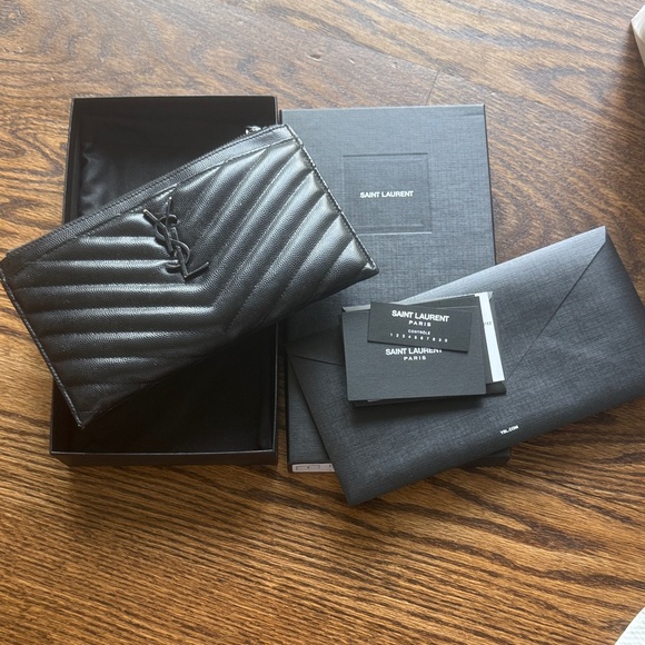 Saint Laurent Logo Monogramme Quilted Calfskin Zip Pouch with Card - Picture 1 of 8